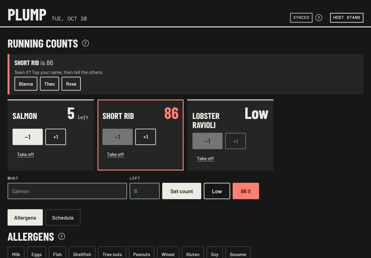 The front screen’s running counts with short rib at 86, and names to tap once it’s been seen.