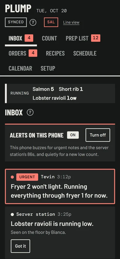 A manager’s phone inbox with the urgent fryer note at the top.