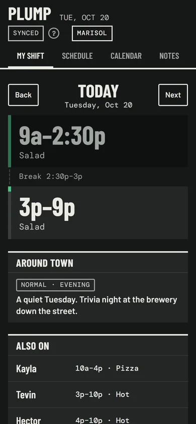 Marisol’s phone showing today’s shifts on Salad and who else is on.