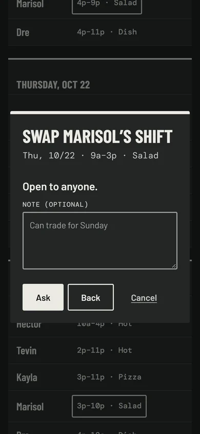 Marisol’s phone offering Thursday’s 9a to 3p shift to anyone, with an optional note.