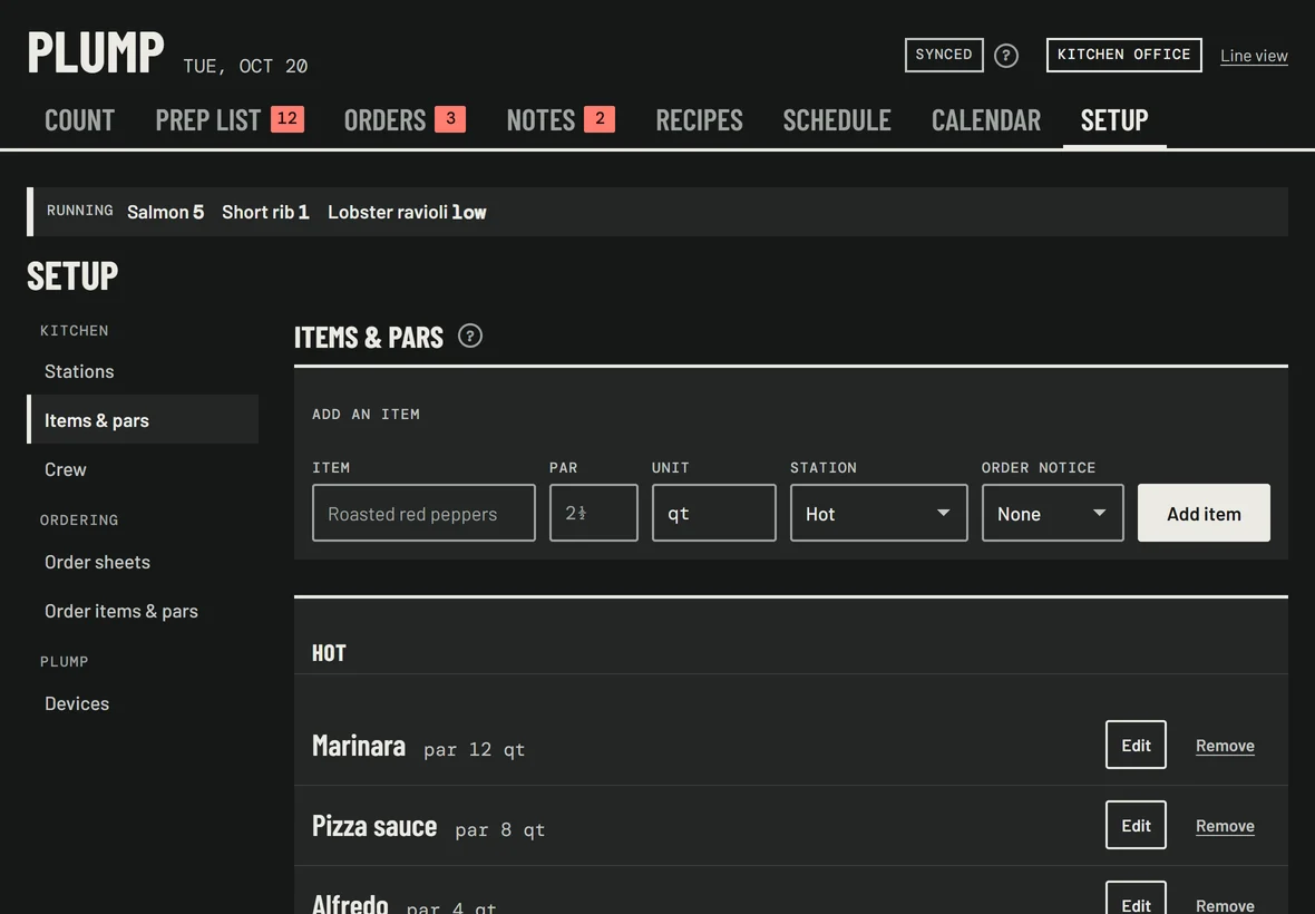 Setup, Items and pars: each item listed under its station with how much to keep on hand.
